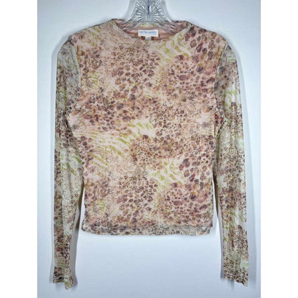 See You Monday Womens Top Medium Mesh Sheer Floral Leopard Y2K Fairycore Stretch